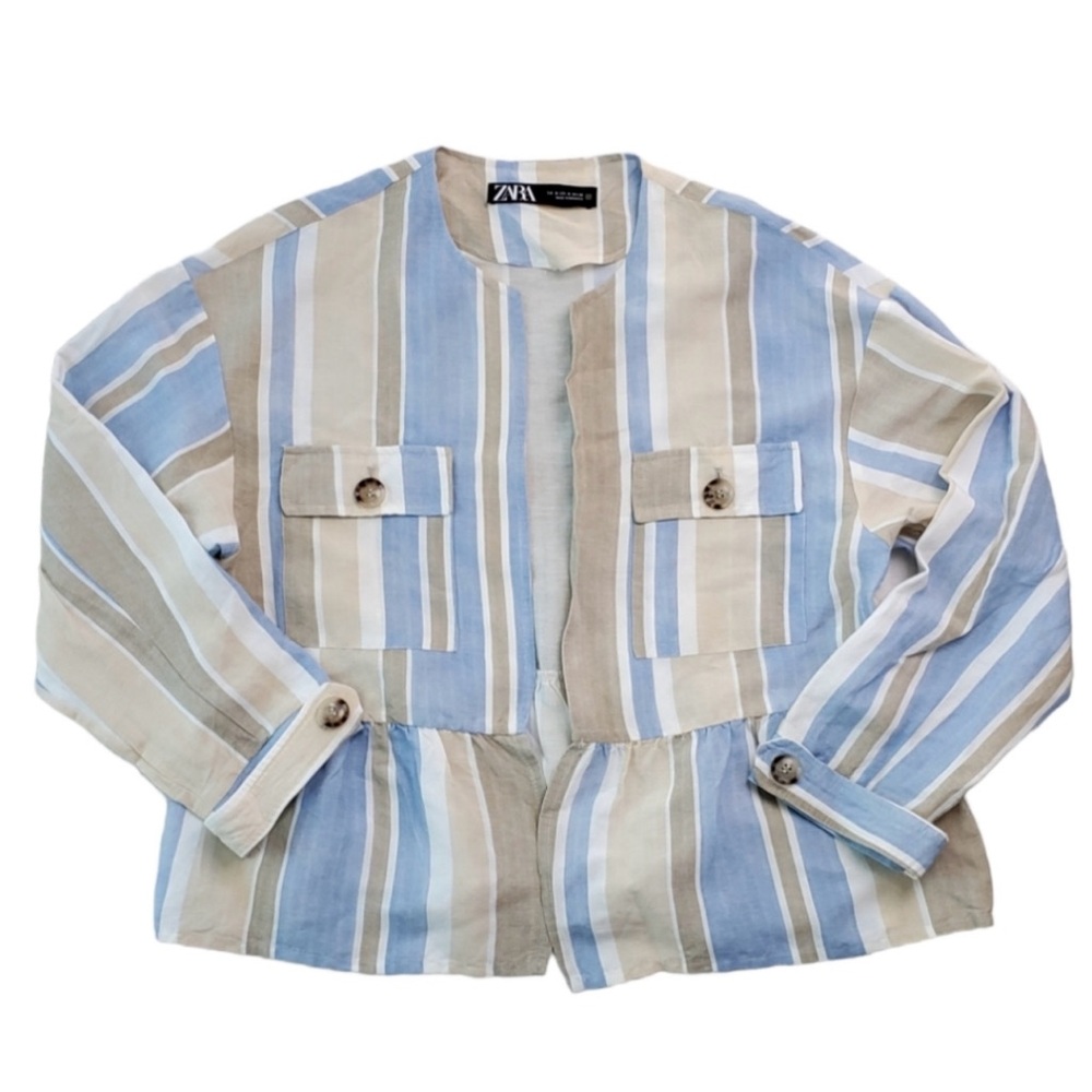 Zara -  Adorable White Tan and Blue Striped Jacket with open front- Size Medium - Picture 6 of 11